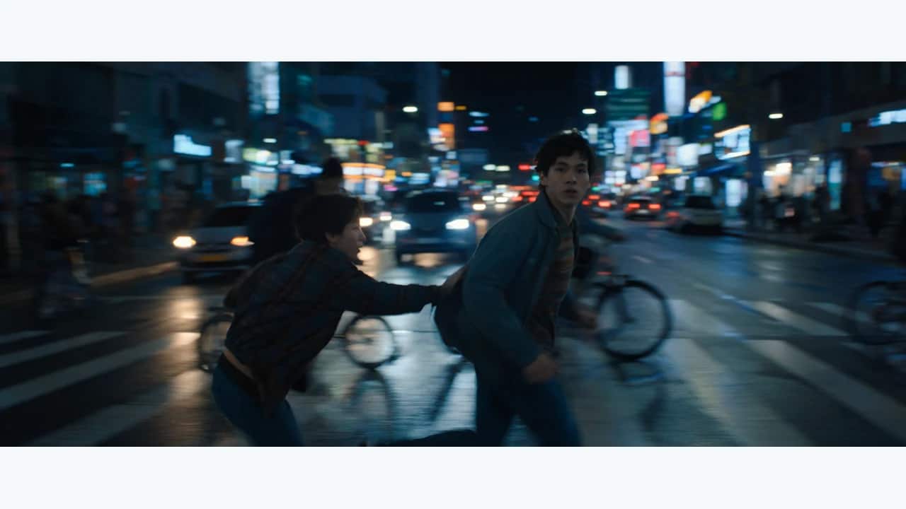 Cinematic portrait scene with realistic people and mixed lighting on a night street