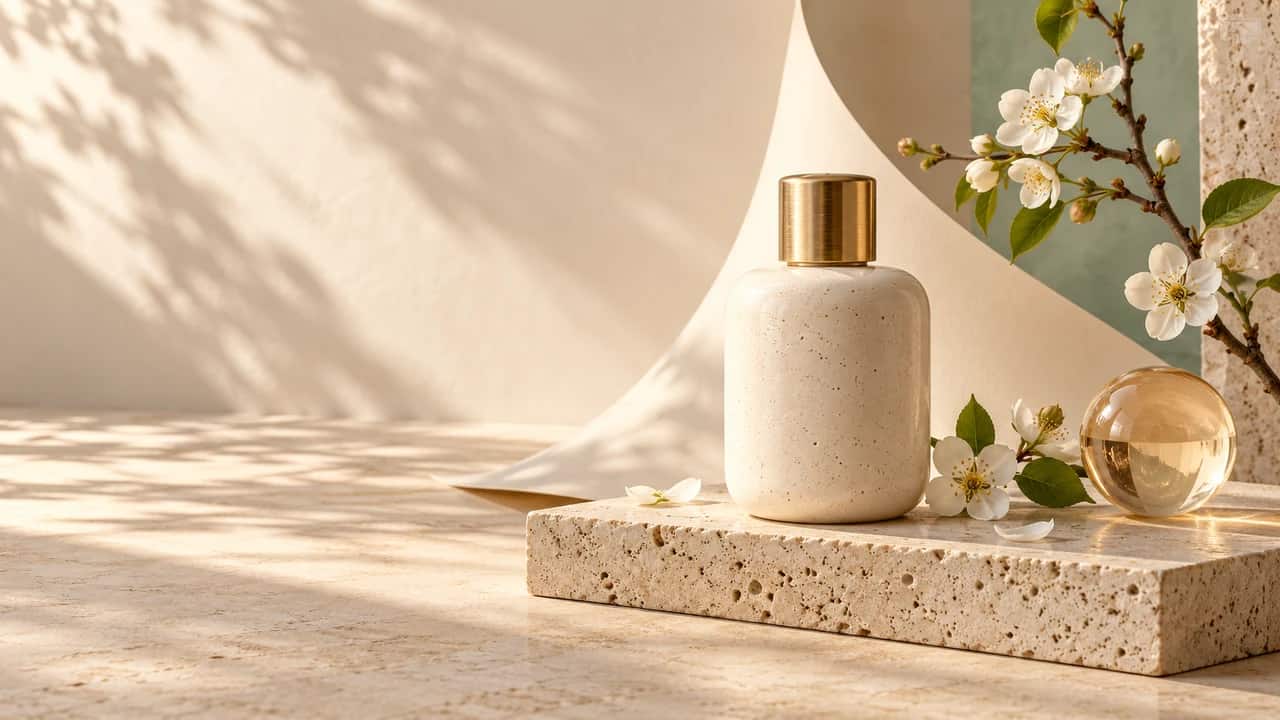 Perfume bottle placed on the right of a wide composition with open space on the left