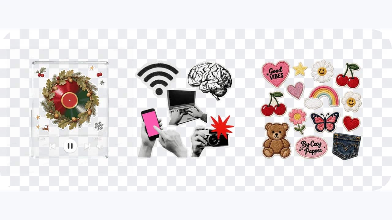Decorative assets and text-bearing stickers presented on a checkerboard background