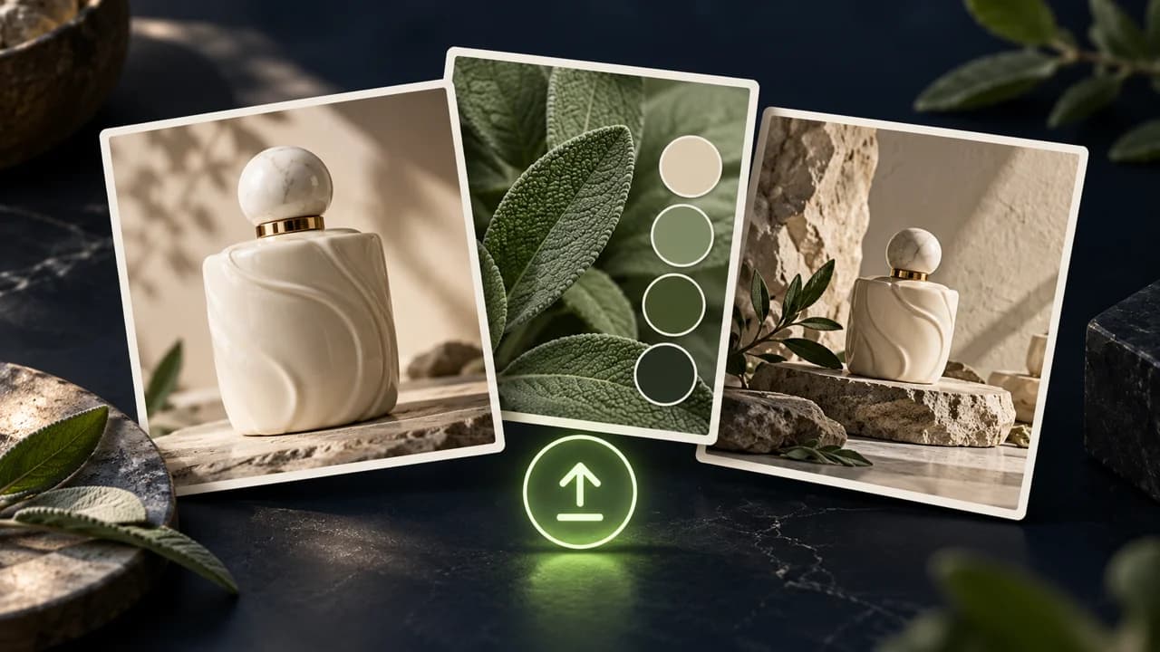 Illustration of product reference photos and a color palette being uploaded