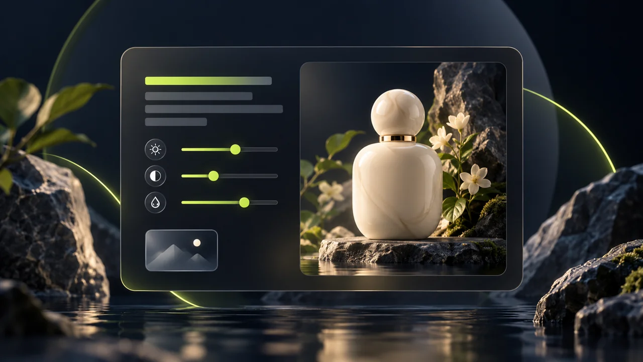 Illustration of a prompt panel, image settings, and a product preview